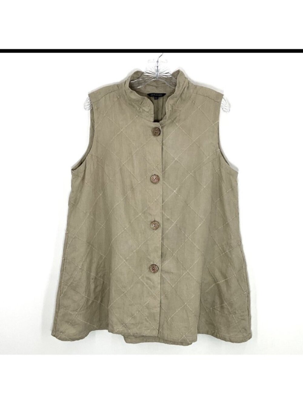 John Mark Vest Women M Beige Linen Embroidery Buttons Pockets Sleeveless Artsy